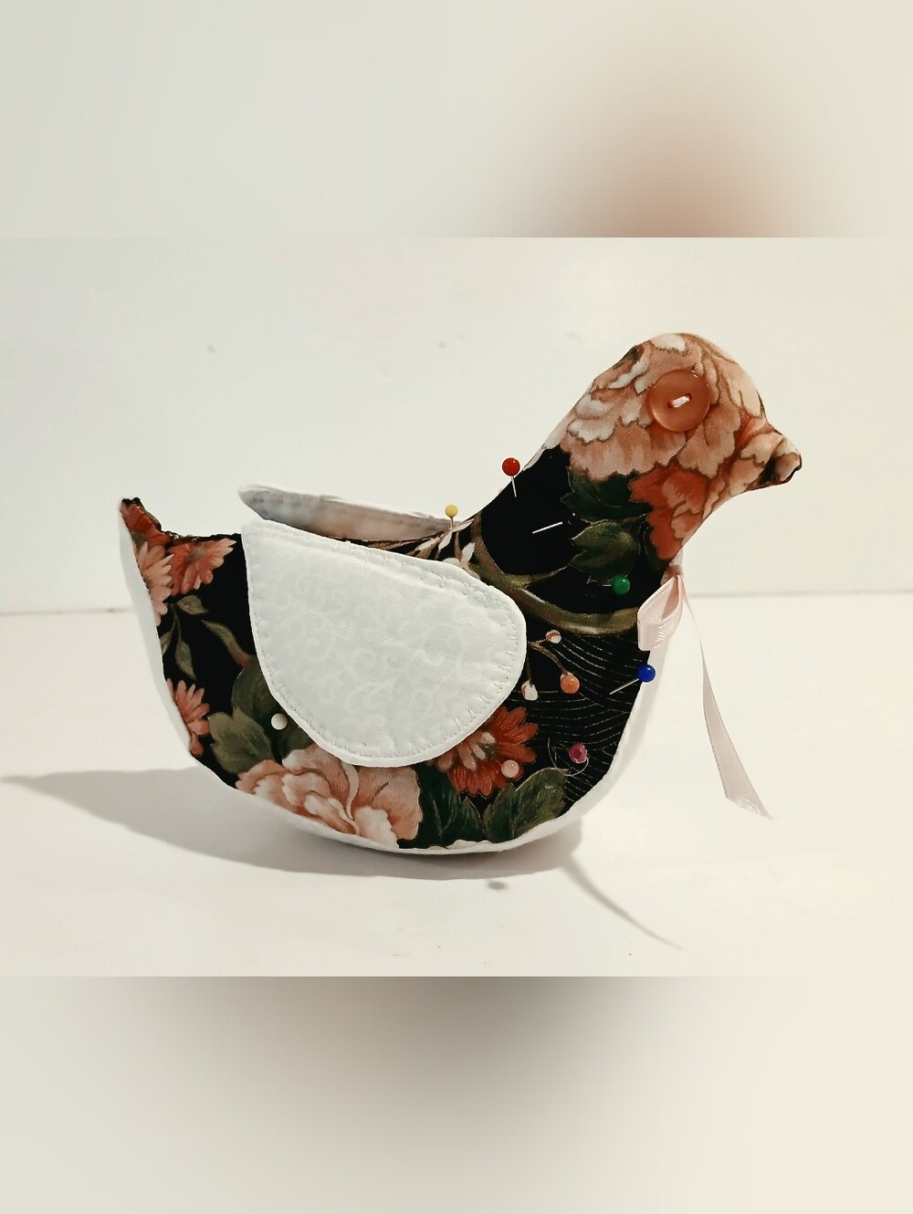 Vintage Handmade Floral Bird Pin Cushion - Black & Peach